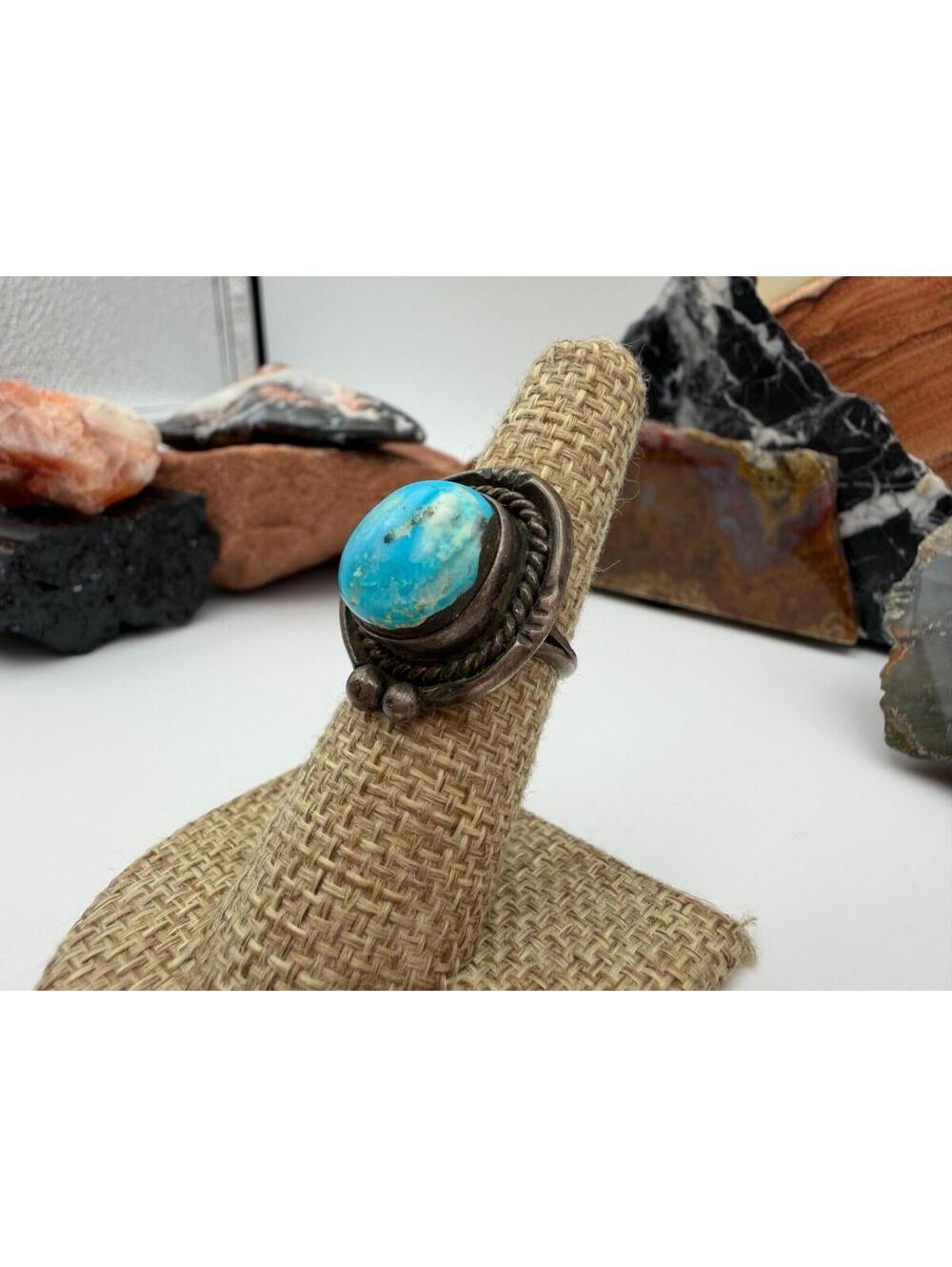 VTG Native American Navajo Round Turquoise Stone Sterling Silver Old Pawn Ring